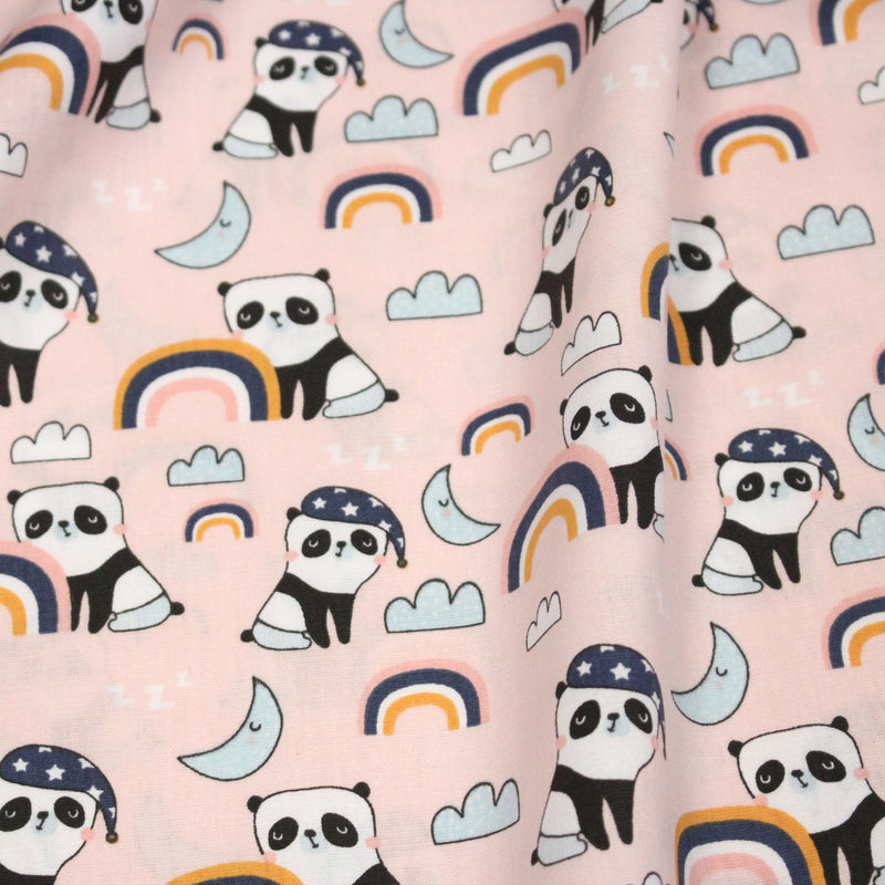 Tissu popeline coton ENFANT rose aux pandas endormis, arcs en ciel et nuages - tissuspipi.com
