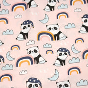 Tissu popeline coton ENFANT rose aux pandas endormis, arcs en ciel et nuages - tissuspipi.com