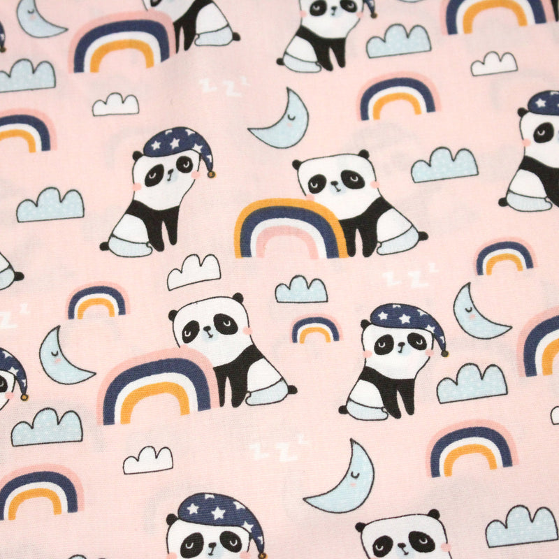 Tissu popeline coton ENFANT rose aux pandas endormis, arcs en ciel et nuages - tissuspipi.com