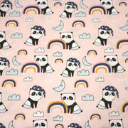 Tissu popeline coton ENFANT rose aux pandas endormis, arcs en ciel et nuages - tissuspipi.com