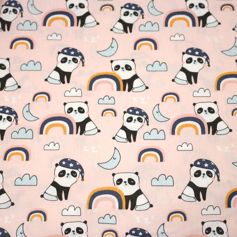 Tissu popeline coton ENFANT rose aux pandas endormis, arcs en ciel et nuages - tissuspipi.com