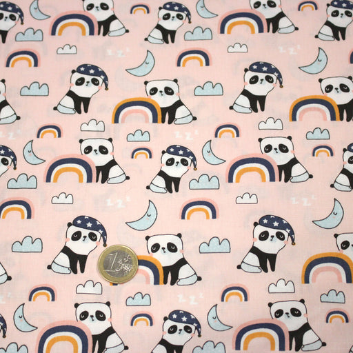 Tissu popeline coton ENFANT rose aux pandas endormis, arcs en ciel et nuages - tissuspipi.com