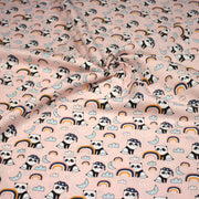 Tissu popeline coton ENFANT rose aux pandas endormis, arcs en ciel et nuages - tissuspipi.com