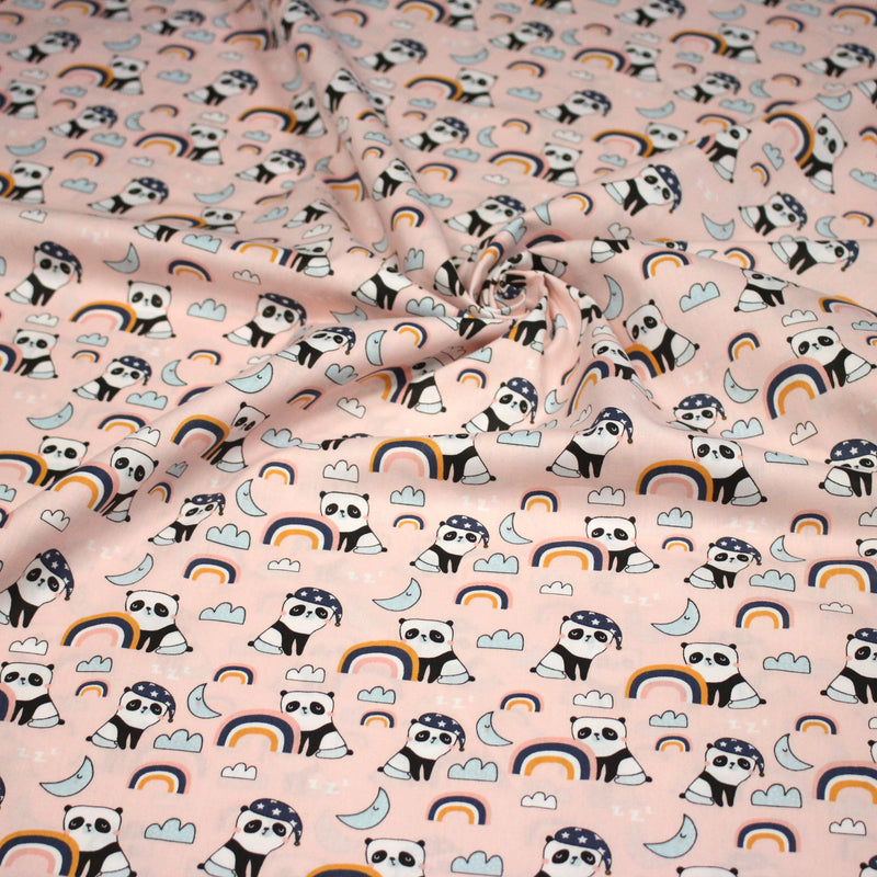 Tissu popeline coton ENFANT rose aux pandas endormis, arcs en ciel et nuages - tissuspipi.com