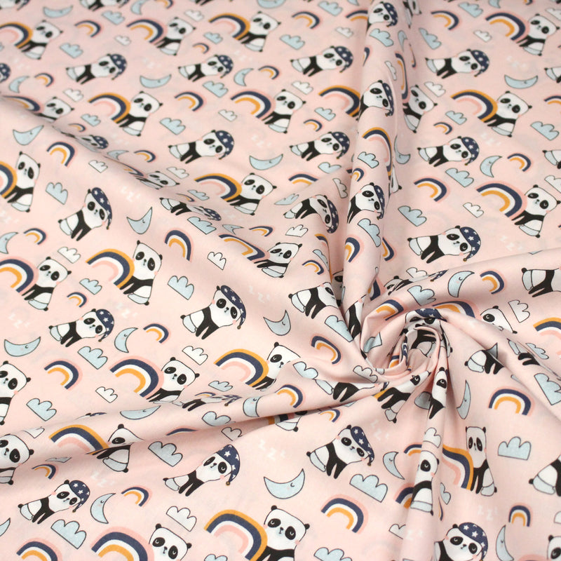 Tissu popeline coton ENFANT rose aux pandas endormis, arcs en ciel et nuages - tissuspipi.com