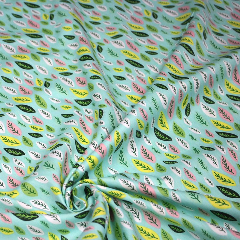 Tissu popeline coton vert aux feuilles vertes, jaunes, roses - tissuspipi.com