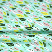 Tissu popeline coton vert aux feuilles vertes, jaunes, roses - tissuspipi.com