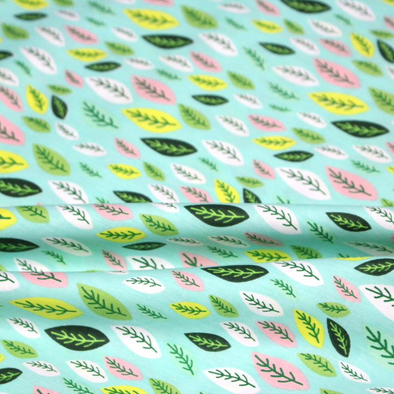 Tissu popeline coton vert aux feuilles vertes, jaunes, roses - tissuspipi.com