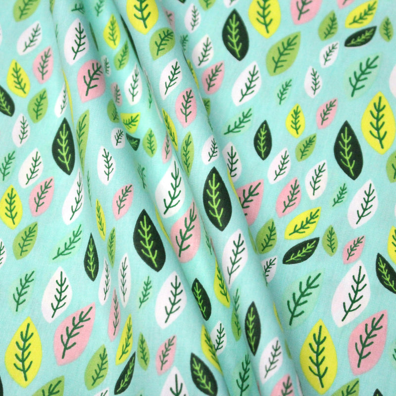 Tissu popeline coton vert aux feuilles vertes, jaunes, roses - tissuspipi.com