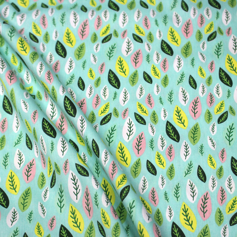 Tissu popeline coton vert aux feuilles vertes, jaunes, roses - tissuspipi.com