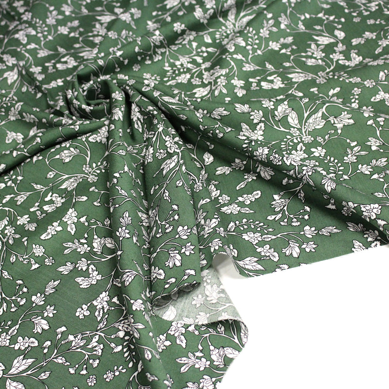 Tissu viscose fluide, fines fleurs blanches et noirs, fond ocre ou fond vert - tissuspipi.com