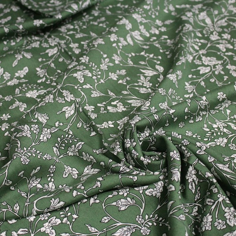 Tissu viscose fluide, fines fleurs blanches et noirs, fond ocre ou fond vert - tissuspipi.com