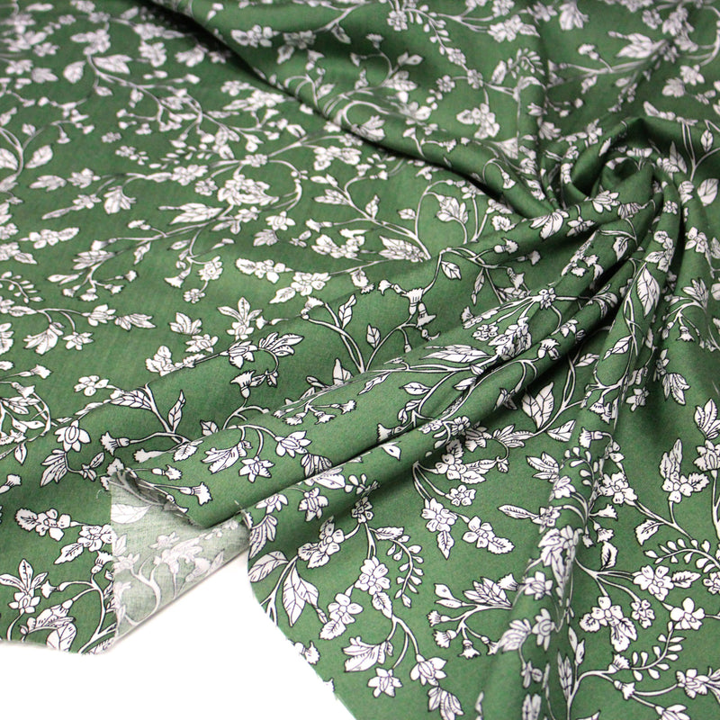 Tissu viscose fluide, fines fleurs blanches et noirs, fond ocre ou fond vert - tissuspipi.com
