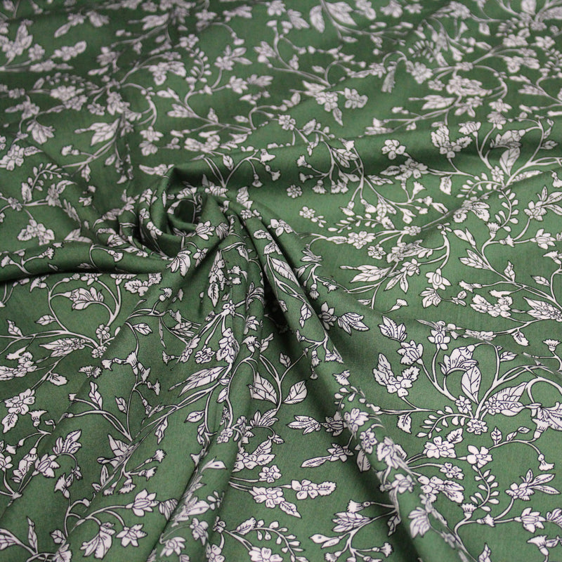 Tissu viscose fluide, fines fleurs blanches et noirs, fond ocre ou fond vert - tissuspipi.com