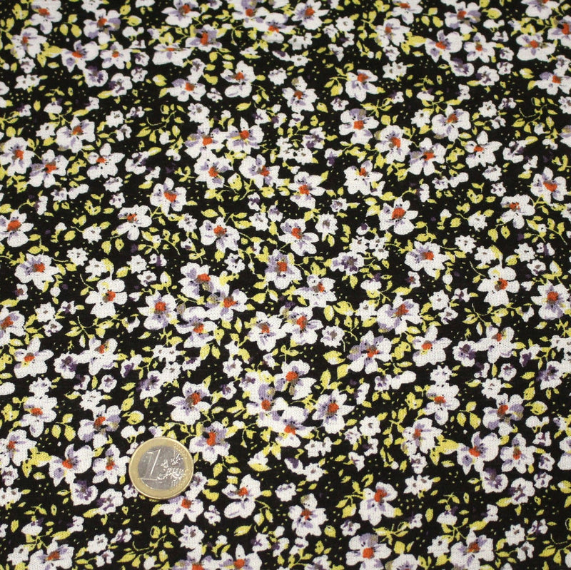 Tissu Viscose crêpe noir fleuri jaune blanc violet orange - tissuspipi.com