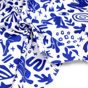 Tissu gabardine imprimée SILHOUETTE : trois motifs bleus et blancs - OEKO - TEX STANDARD 100 - tissuspipi.com