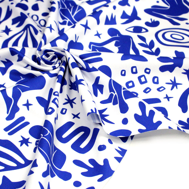 Tissu gabardine imprimée SILHOUETTE : trois motifs bleus et blancs - OEKO - TEX STANDARD 100 - tissuspipi.com