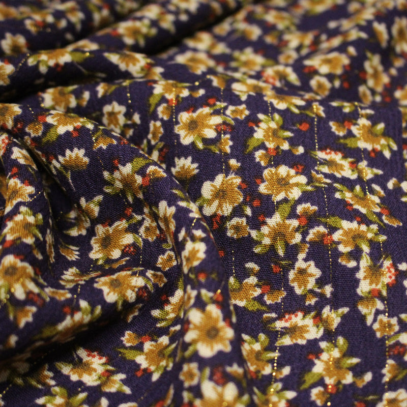 Tissu Viscose crêpe violet, fleuri ocre & écru et liserés lurex dorés - tissuspipi.com