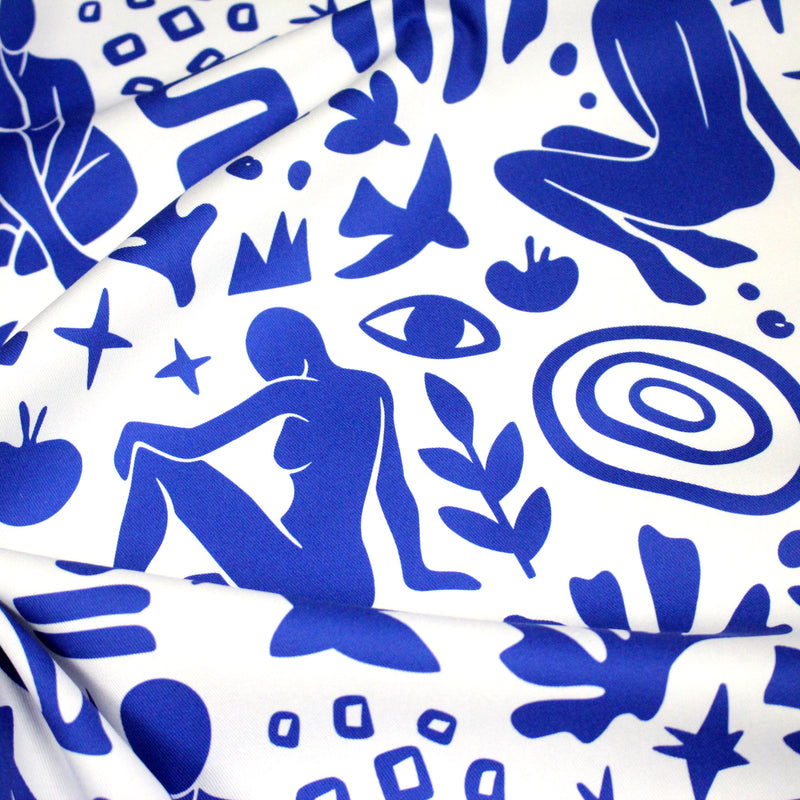 Tissu gabardine imprimée SILHOUETTE : trois motifs bleus et blancs - OEKO - TEX STANDARD 100 - tissuspipi.com