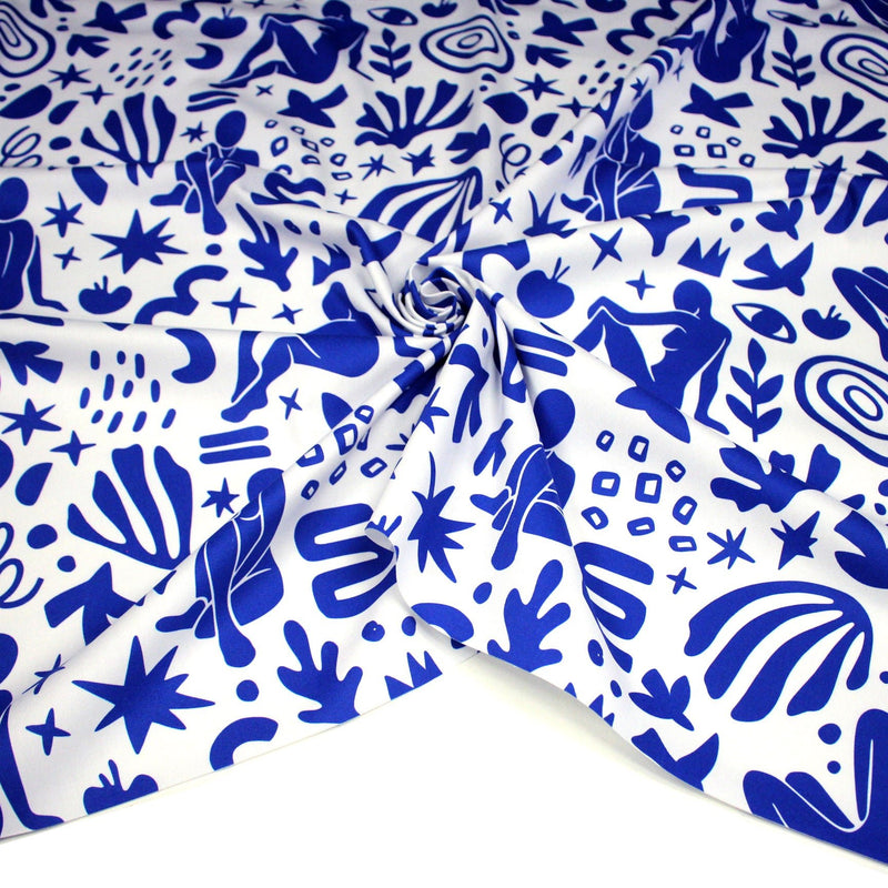 Tissu gabardine imprimée SILHOUETTE : trois motifs bleus et blancs - OEKO - TEX STANDARD 100 - tissuspipi.com