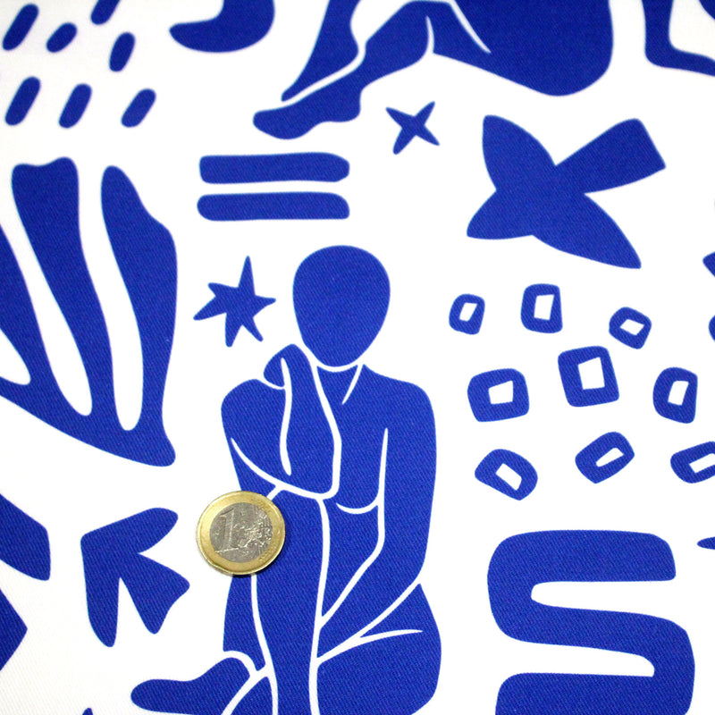 Tissu gabardine imprimée SILHOUETTE : trois motifs bleus et blancs - OEKO - TEX STANDARD 100 - tissuspipi.com
