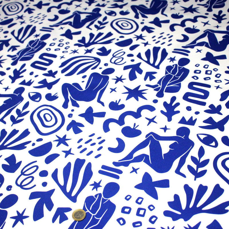Tissu gabardine imprimée SILHOUETTE : trois motifs bleus et blancs - OEKO - TEX STANDARD 100 - tissuspipi.com