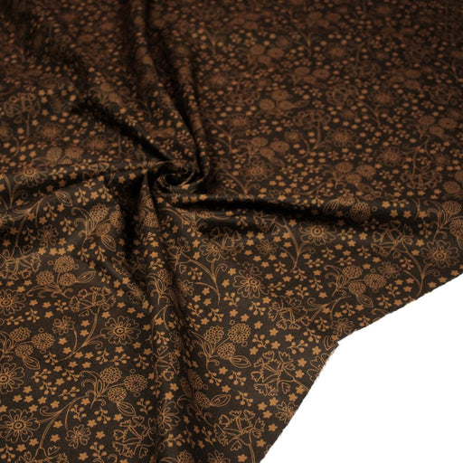Tissu popeline de coton marron chocolat aux fines fleurs ocres faux - uni - tissuspipi.com
