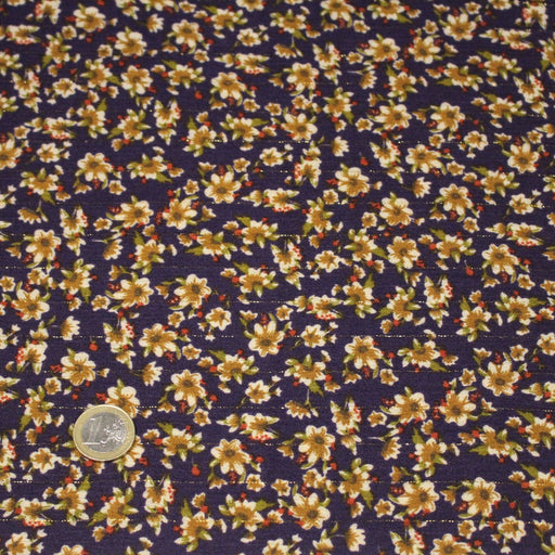 Tissu Viscose crêpe violet, fleuri ocre & écru et liserés lurex dorés - tissuspipi.com