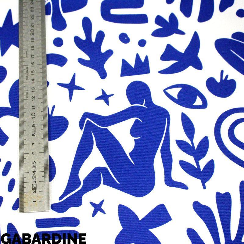 Tissu gabardine imprimée SILHOUETTE : trois motifs bleus et blancs - OEKO - TEX STANDARD 100 - tissuspipi.com
