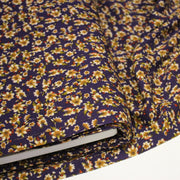 Tissu Viscose crêpe violet, fleuri ocre & écru et liserés lurex dorés - tissuspipi.com