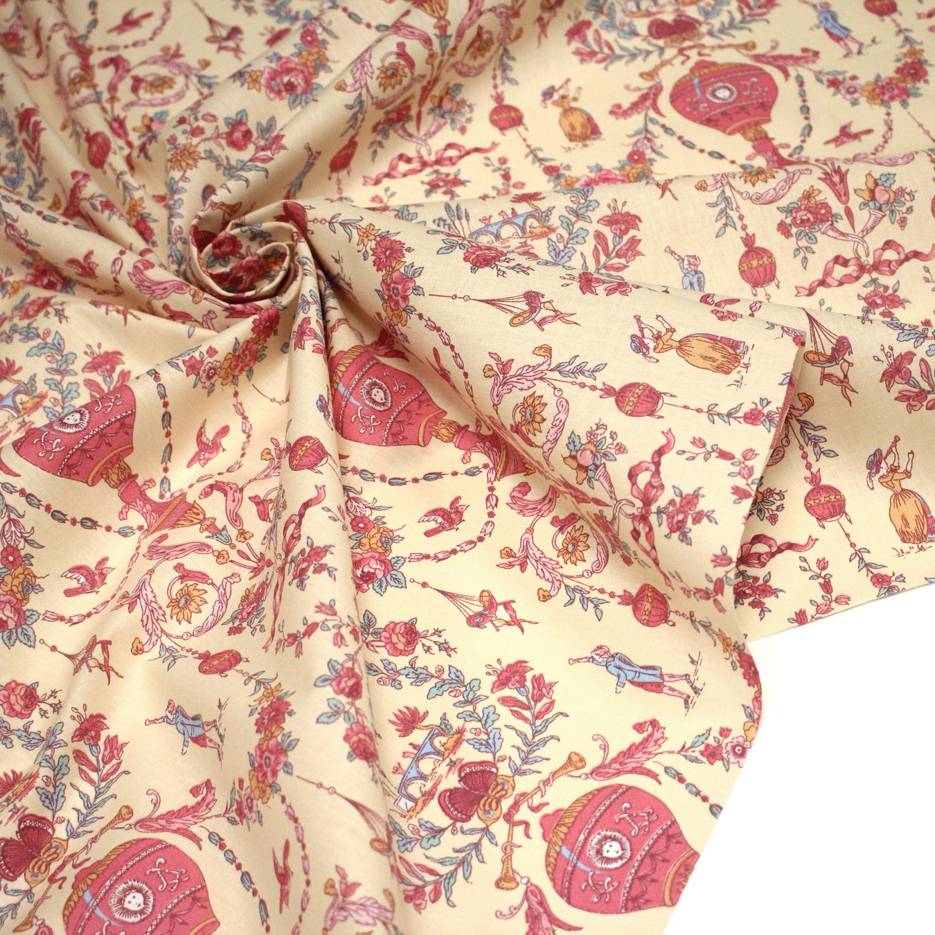 Tissu coton grande largeur 280cm TOILE DE JOUY MONTGOLFIERES jaune & rose - tissuspipi.com