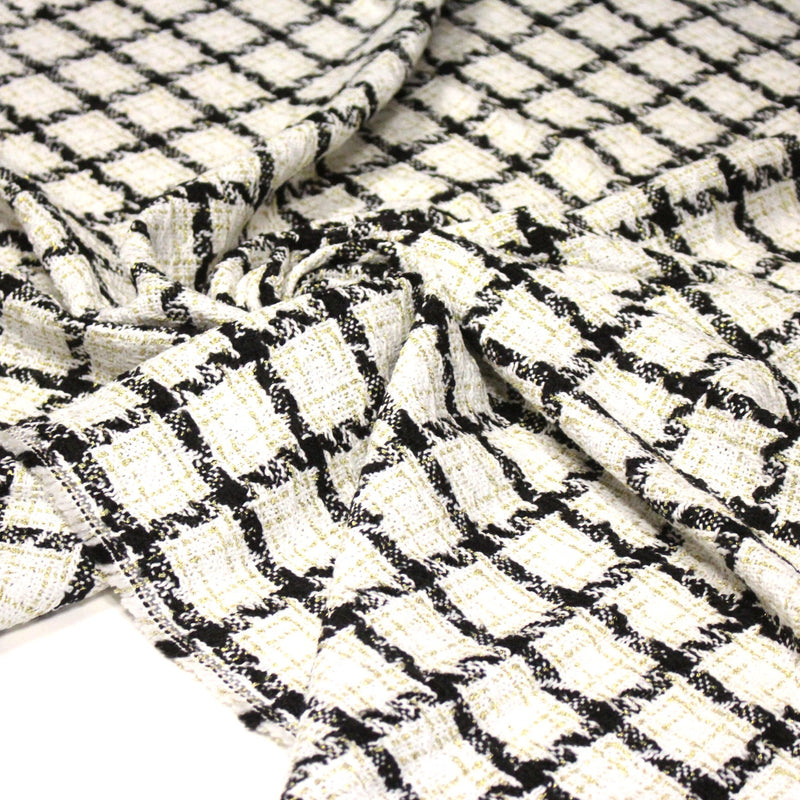 Tissu Tweed blanc cassé, liserés carreaux noirs et dorés lurex - tissuspipi.com