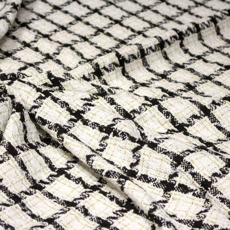 Tissu Tweed blanc cassé, liserés carreaux noirs et dorés lurex - tissuspipi.com