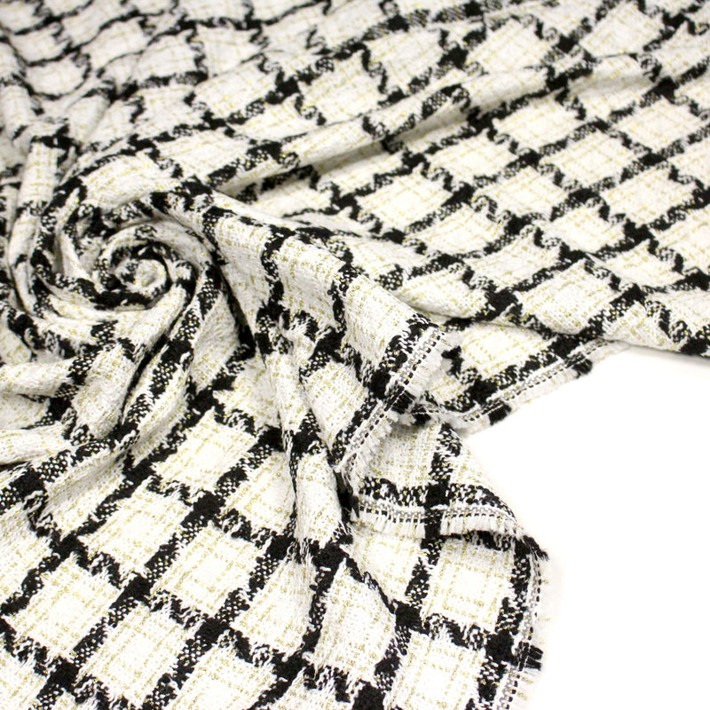 Tissu Tweed blanc cassé, liserés carreaux noirs et dorés lurex - tissuspipi.com