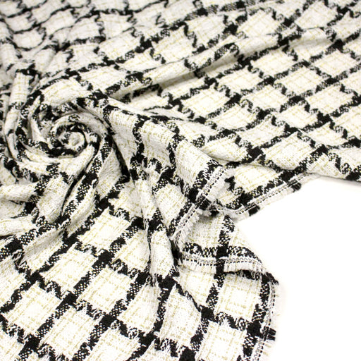Tissu Tweed blanc cassé, liserés carreaux noirs et dorés lurex - tissuspipi.com