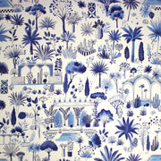 Tissu coton demi - natté TOILE DE JOUY MODERNE JARDIN MAJORELLE, tons blancs et bleus - tissuspipi.com