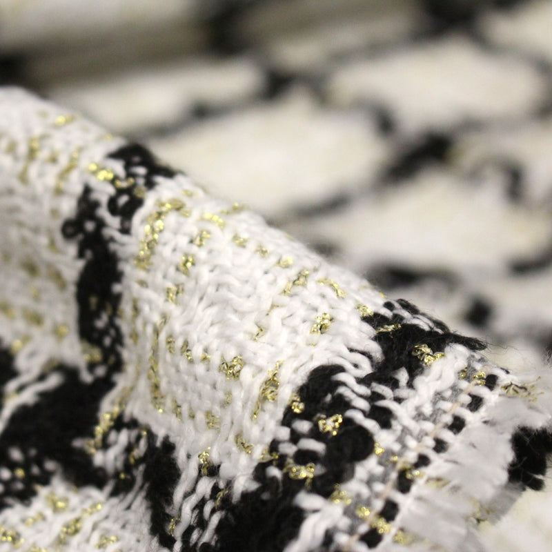 Tissu Tweed blanc cassé, liserés carreaux noirs et dorés lurex - tissuspipi.com