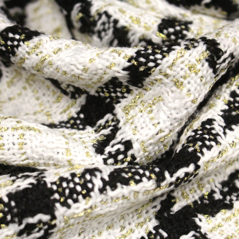Tissu Tweed blanc cassé, liserés carreaux noirs et dorés lurex - tissuspipi.com