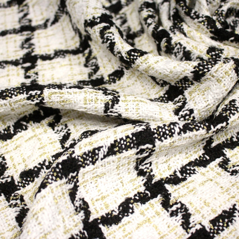 Tissu Tweed blanc cassé, liserés carreaux noirs et dorés lurex - tissuspipi.com