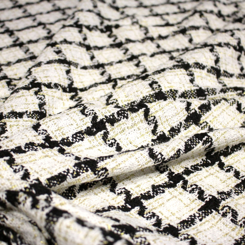 Tissu Tweed blanc cassé, liserés carreaux noirs et dorés lurex - tissuspipi.com