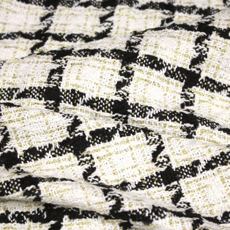 Tissu Tweed blanc cassé, liserés carreaux noirs et dorés lurex - tissuspipi.com