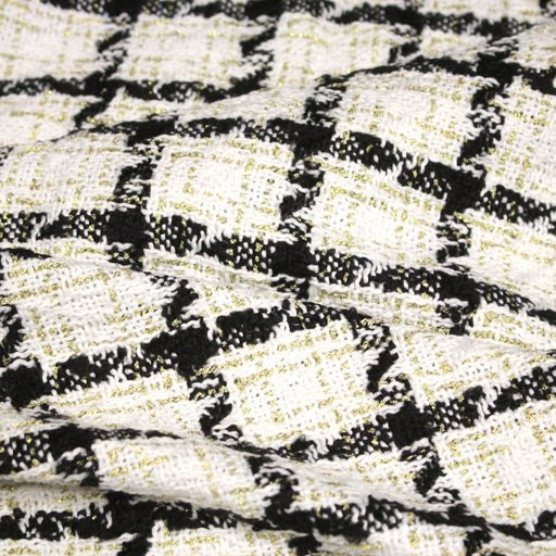 Tissu Tweed blanc cassé, liserés carreaux noirs et dorés lurex - tissuspipi.com