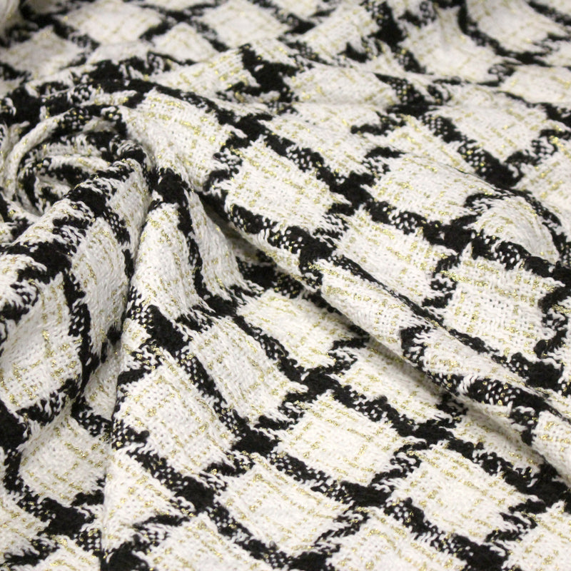 Tissu Tweed blanc cassé, liserés carreaux noirs et dorés lurex - tissuspipi.com