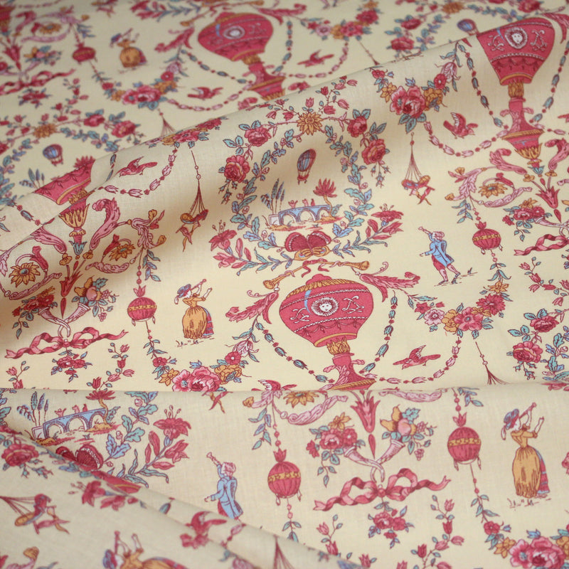 Tissu coton grande largeur 280cm TOILE DE JOUY MONTGOLFIERES jaune & rose - tissuspipi.com
