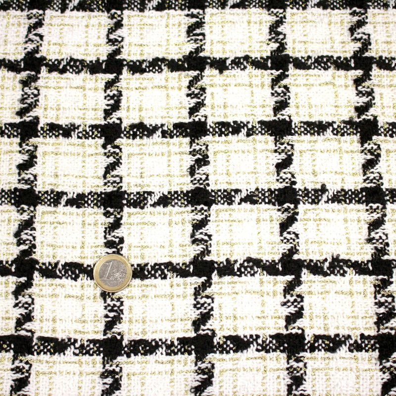 Tissu Tweed blanc cassé, liserés carreaux noirs et dorés lurex - tissuspipi.com
