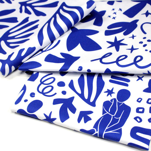 Tissu gabardine imprimée SILHOUETTE : trois motifs bleus et blancs - OEKO - TEX STANDARD 100 - tissuspipi.com
