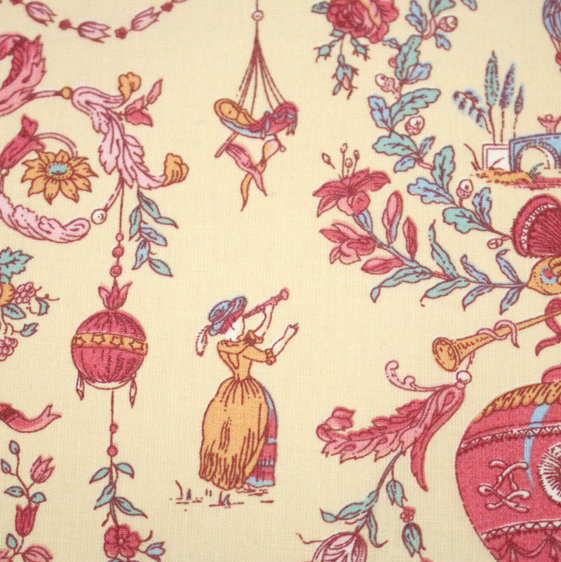 Tissu coton grande largeur 280cm TOILE DE JOUY MONTGOLFIERES jaune & rose - tissuspipi.com