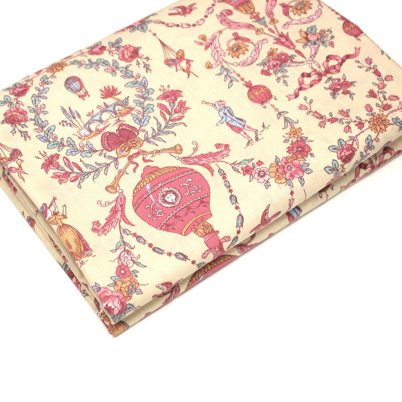 Tissu coton grande largeur 280cm TOILE DE JOUY MONTGOLFIERES jaune & rose - tissuspipi.com