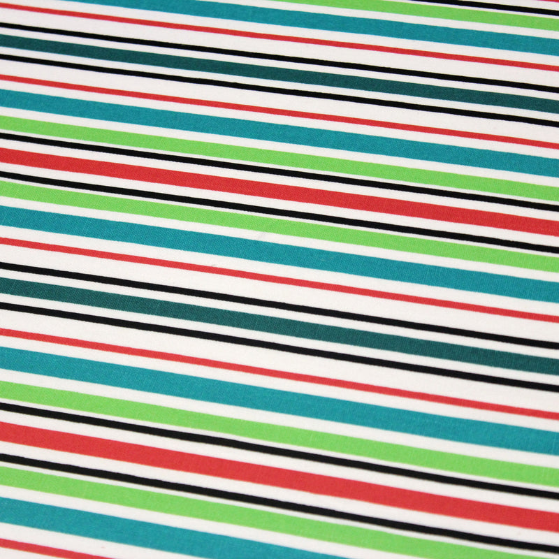 Tissu Bayadère de coton aux rayures vertes, rouges et noires, fond blanc - tissuspipi.com