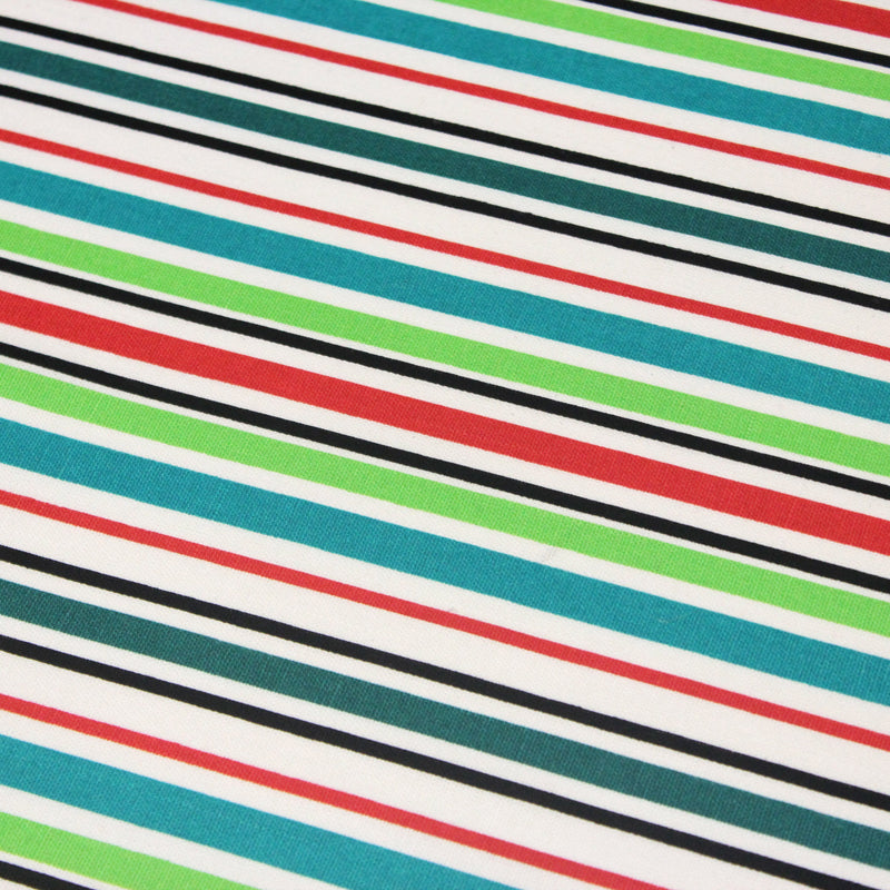 Tissu Bayadère de coton aux rayures vertes, rouges et noires, fond blanc - tissuspipi.com